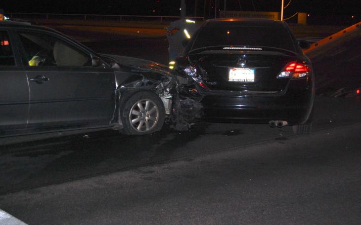 A gray Toyota Camry collided with a black Mazda compact. The Camry driver took a field sobriety test. (LIVE! Photo/Joe Hyde)