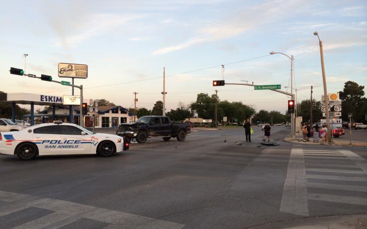 A late model Chevrolet crewcab picup truck and a Ford Ranger were involved in a crash at the intersection of Beauregard and Abe on July 1, 2014. (LIVE! Photo/John Basquez)