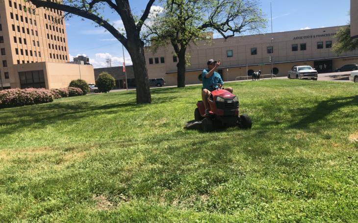 Tom Green County Judge Steve Floyd Mows the Courthouse Lawn