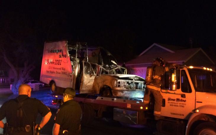The Carpet Shop's delivery box truck was stolen and found ablaze behind City Lumber Monday night. (LIVE! Photo/John Basquez)