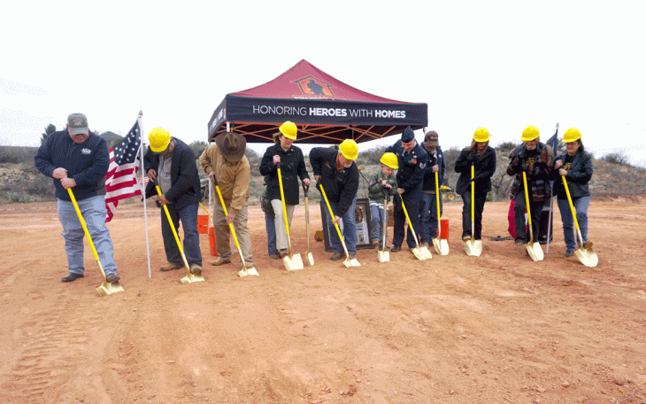 Members of the HBA, AB Builders, Operation FINALLY HOME and the Campbell family break ground at the site of the Campbell&amp;#039;s new home. (LIVE! Photo/John Basquez)