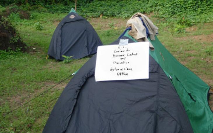 CDC RITE team members would camp in rural communities for several days during their outbreak investigation. This picture shows their office in the field. (Photo/CDC)