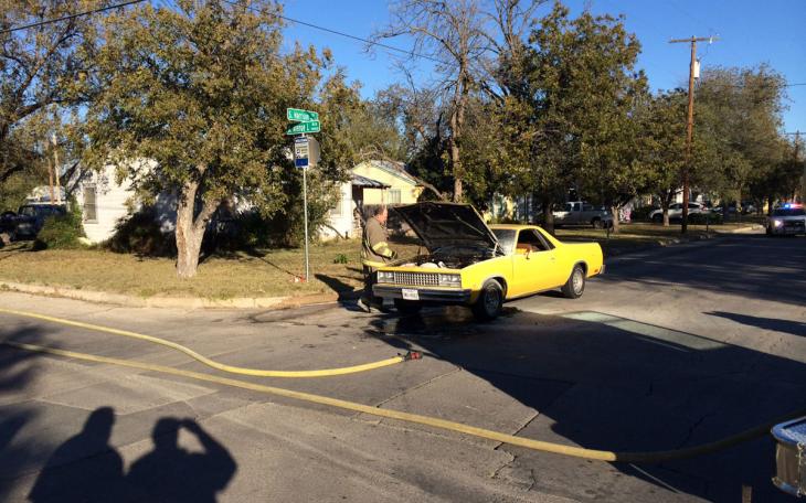 Disabled driver trapped inside flaming El Camino Monday morning. (LIVE! Photo/John Basquez)