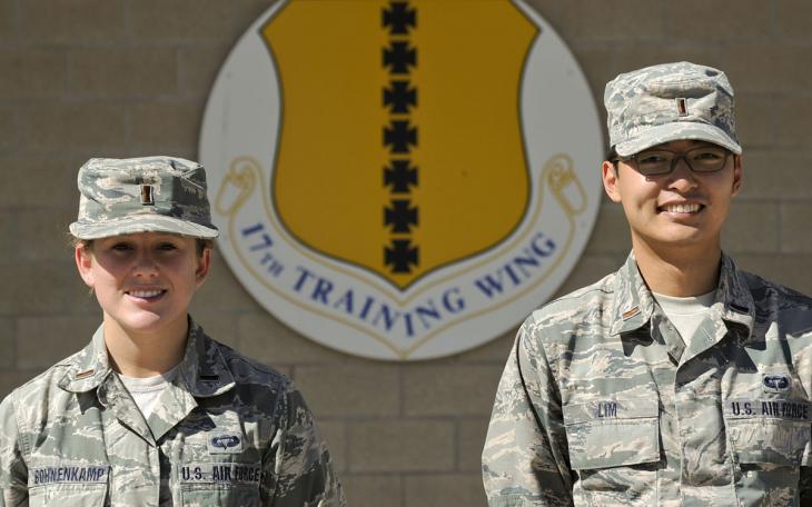 2nd Lts. Emily M. Bohnenkamp and Andrew Lim, 315th Training Squadron Students, pose for a photo in front of the Norma Brown Building Oct. 15. Lim and Bohnenkamp rescued an 8-month-old baby girl from a vehicle accident Oct. 9. (U.S. Air Force photo)
