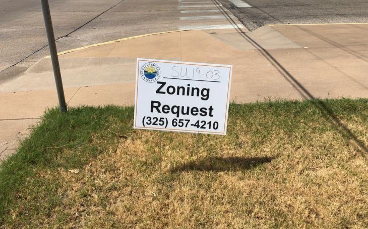 The sign for the zoning request at Lifepoint Baptist Church, 810 Austin St., in the Santa Rita area before the 2019 decision to grant the original exception.