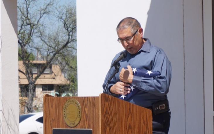 Sergeant Johnny Rodriguez ducks his head in emotional gratitude as he talks to those gathered at his retirement ceremony. (LIVE! Photo/John Basquez)