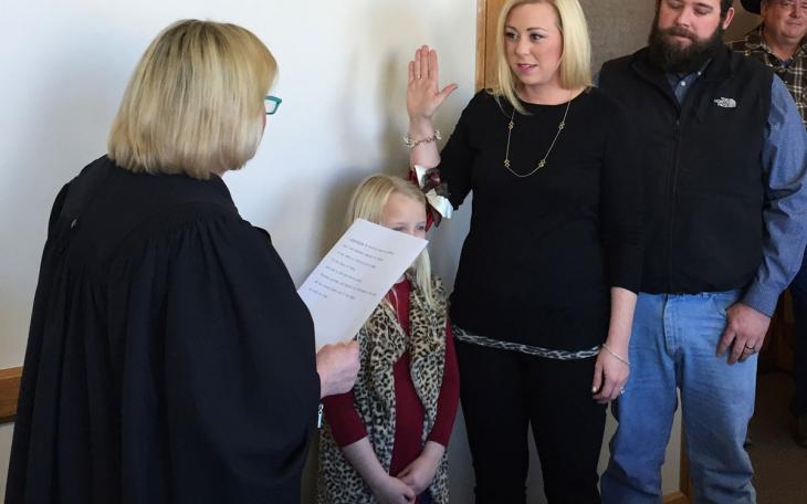 County Court-at-Law Judge Penny Roberts swears-in her daughter, Leslie Mackie as the Sterling County Judge. (Contributed photo/Dianna Spieker)