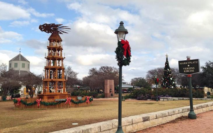 The Fredericksburg Marktplatz features an authentic Christmas pyramid, the community tree and a replica of the Vereinskirche. (LIVE! Photo/Chelsea Reinhard)