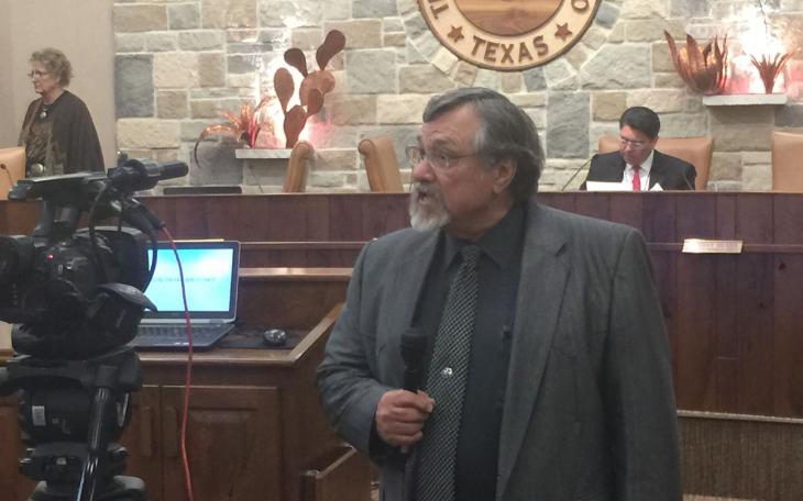Mayor Dwain Morrison in a interview on KLST-TV in council chambers yesterday. (LIVE! Photo/Joe Hyde)
