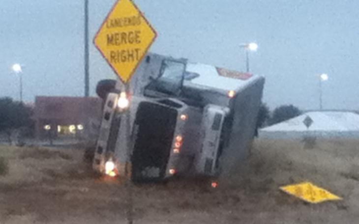 A delivery truck rollover on Loop 306 near Lowe's on Feb 11, 2014 (Contributed by Dan Yankee)