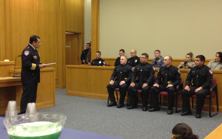 Police Chief Tim Vasquez swears-in four new policemen to the force. (LIVE! Photo/Joe Hyde)