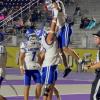 Lake View's Jay Roman lifts Braylon White after a touchdown against Pecos during the 2025 football season.