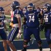 Lake View's Andrew Young celebrates a touchdown catch with Calvin Whitfield (4), Alex Jimenez (74) and Matthew Garza (56) against Pecos on Friday, Sept. 18, 2026.