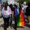 Activists and supporters march from the Bexar County Courthouse to Crockett Park for “March for Us,” San Antonio's third annual celebration of Transgender Day of Visibility, on March 29, 2025 in San Antonio.