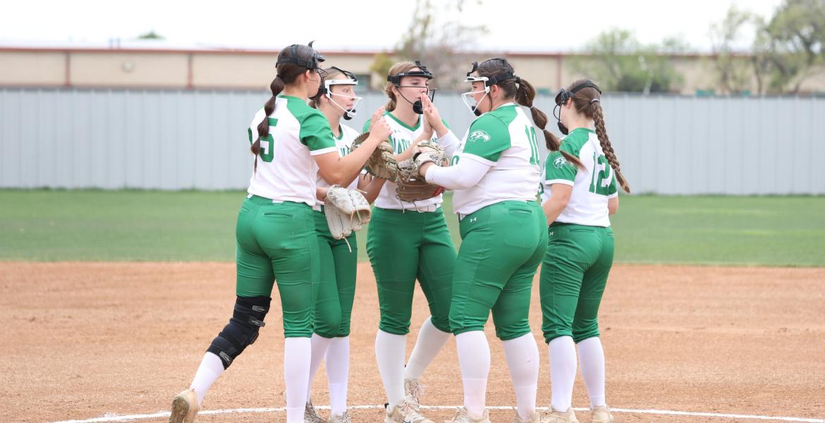 The Wall Lady Hawks huddle with pitcher Madee Williams during the 2026 softball season.