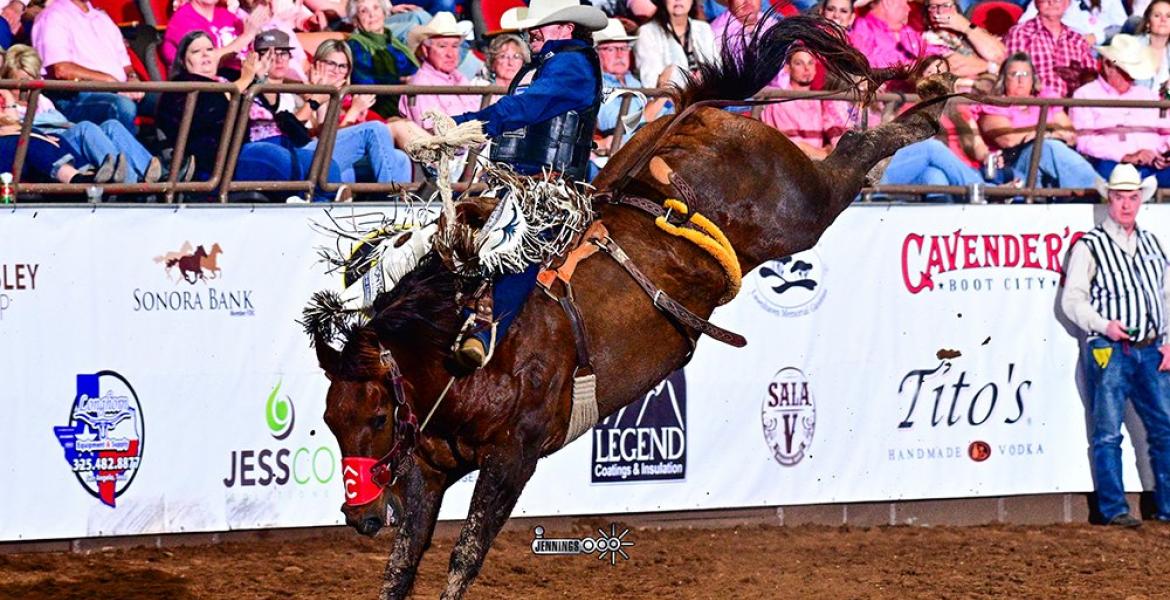 Chase Brooks scored an 86.5 in saddle bronc riding at the San Angelo Rodeo on Thursday, April 16, 2026.