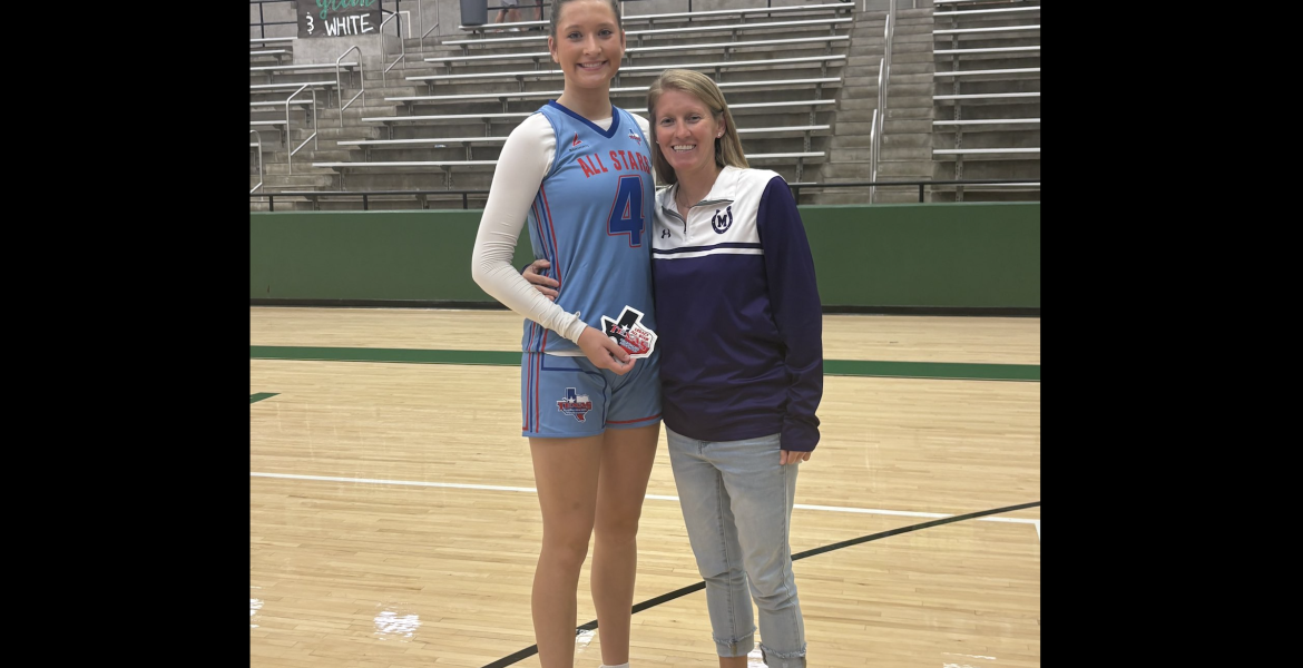 Mason's Flora Appleton (left) and head coach Alicia Cummings stand on the court after the Texas Girls Coaches Association 1A-4A All-Star Game on Friday, July 17, 2026.